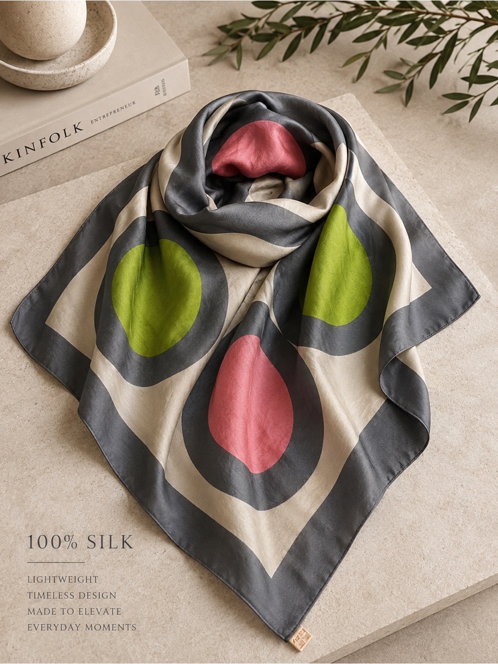 Silk Square Scarf in Pink, Green & Cream by